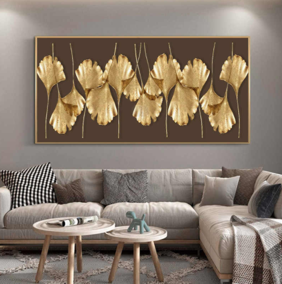 Abstract Golden Leaves Wall Art Oil Painting Printed on Canvas Big Size Decorative Pictures for Living Bedroom Home Decoration