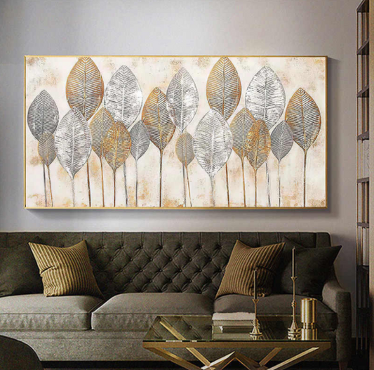 Abstract Golden Leaves Wall Art Oil Painting Printed on Canvas Big Size Decorative Pictures for Living Bedroom Home Decoration