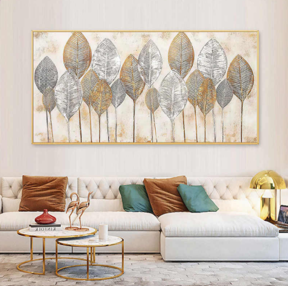 Abstract Golden Leaves Wall Art Oil Painting Printed on Canvas Big Size Decorative Pictures for Living Bedroom Home Decoration