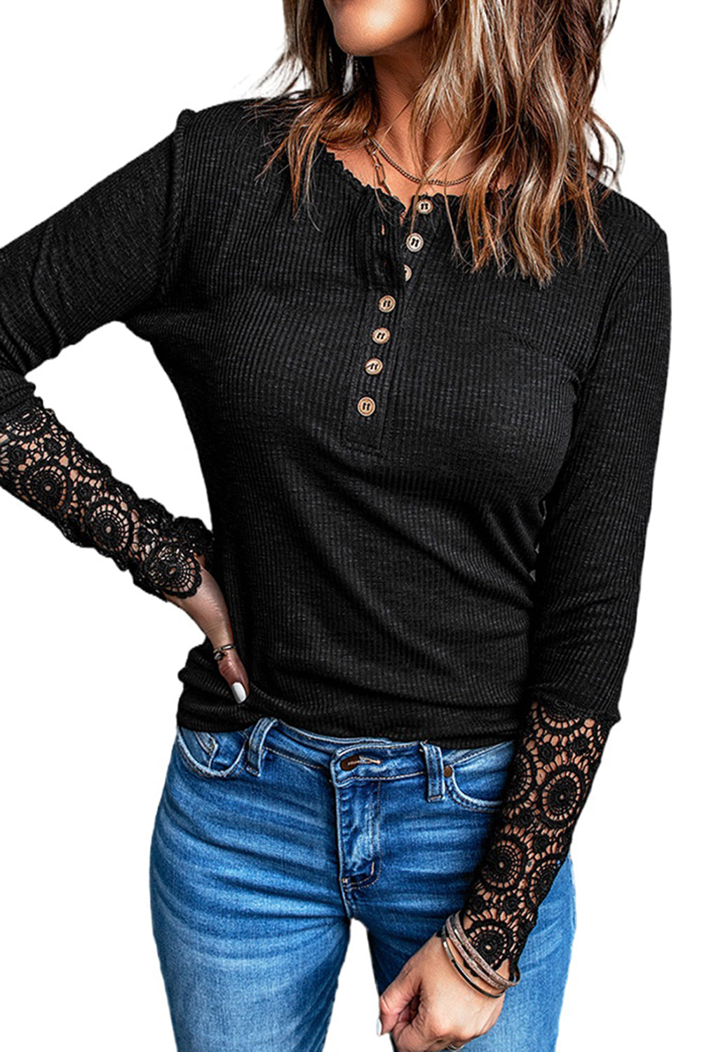 Beige Ribbed Lace Crochet Long Sleeve Henley Shirt for Women
