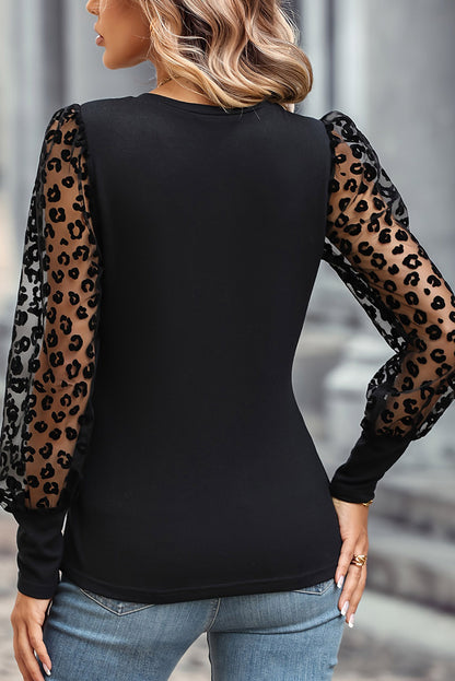 Black Casual Leopard Transparent Peasant Sleeve Shirt
