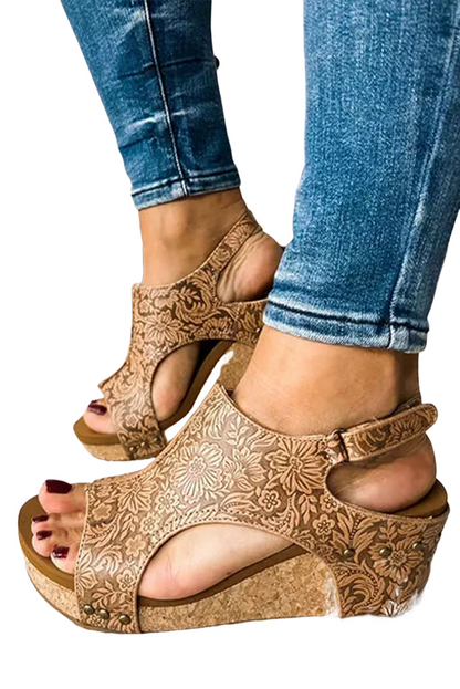 Brown Vintage Floral Leather Platform Sandals