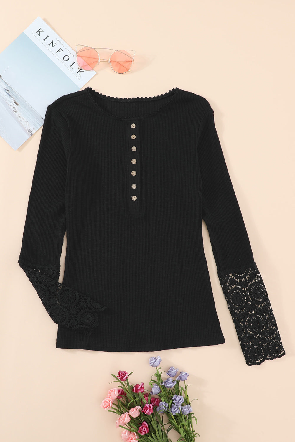 Beige Ribbed Lace Crochet Long Sleeve Henley Shirt for Women