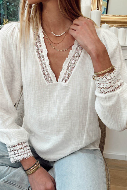 White Lace Patchwork V Neck Textured Blouse