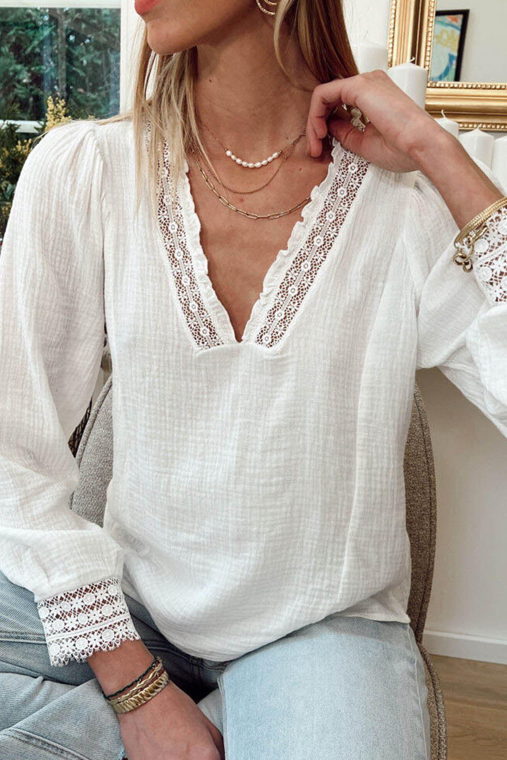 White Lace Patchwork V Neck Textured Blouse