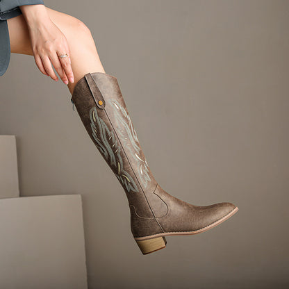 Retro Chunky Heel Embroidery Western Cowboy Boot Women