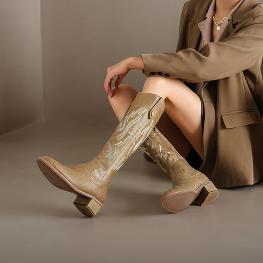 Retro Chunky Heel Embroidery Western Cowboy Boot Women