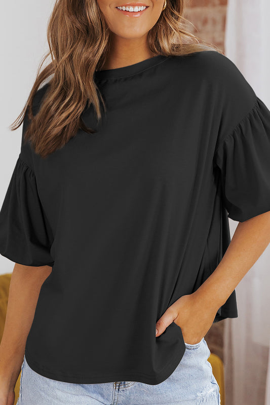 Black Solid Color Basic Bubble Sleeve Plain Blouse