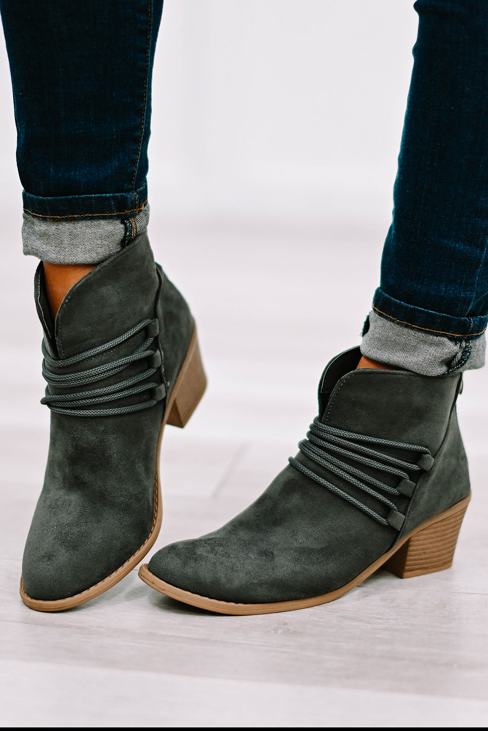Dark Grey Criss Cross Slip-on Point Toe Heeled Boots