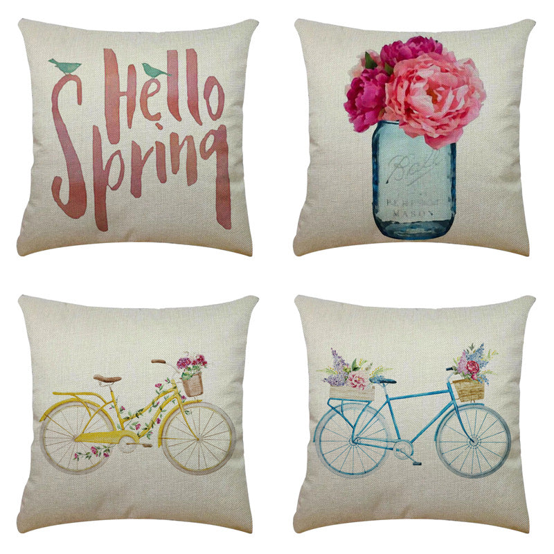Bicycle Illustration Linen Pillow Cover Vase English Letters Home Cushion 4545