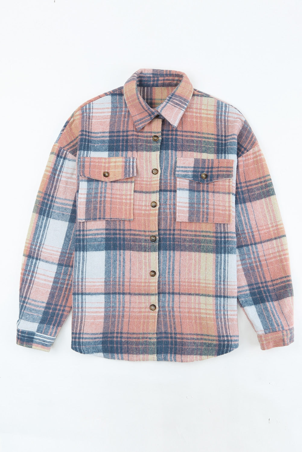 Pink & Grey Plaid Button Up Collared Flannel Shacket