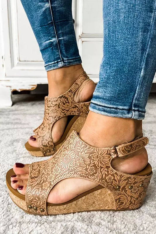 Brown Vintage Floral Leather Platform Sandals