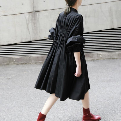 Hotaru Long Sleeve Pleated Shirt Dress - Black