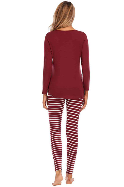 Graphic Round Neck Top and Striped Pants Set