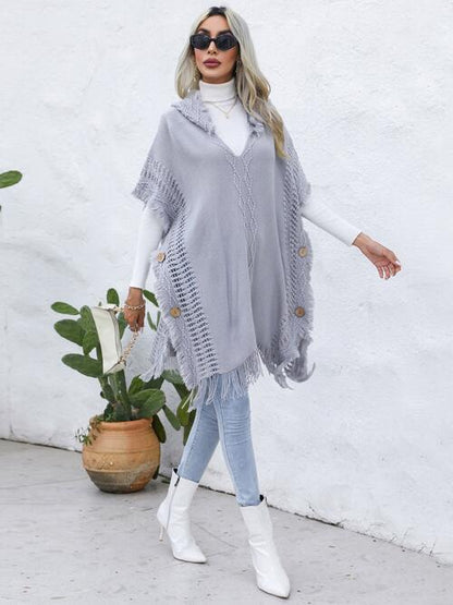 Fringe Trim Buttoned Hooded Poncho
