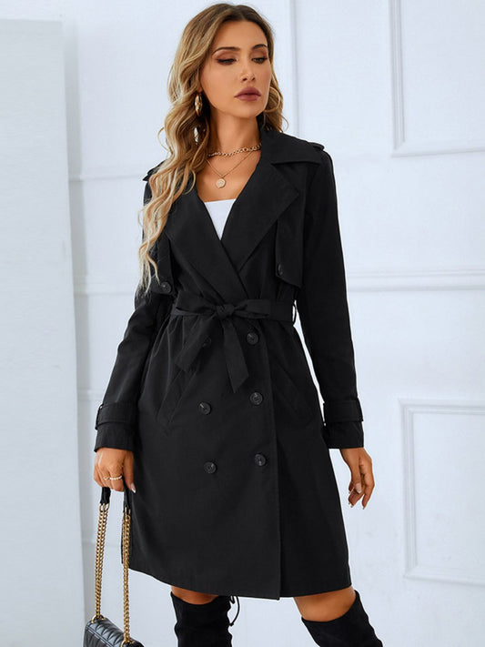 Lapel Collar Tie Belt Double-Breasted Trench Coat