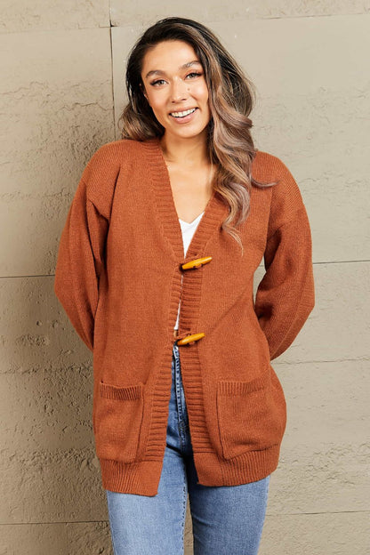Woven Right Toggle Closure Ribbed Trim Dropped Shoulder Cardigan
