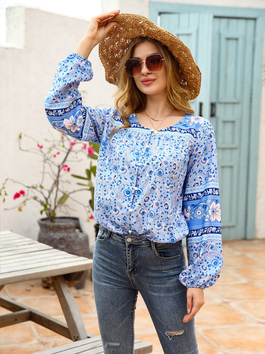 Full Size Bohemian Round Neck Balloon Sleeve Shirt