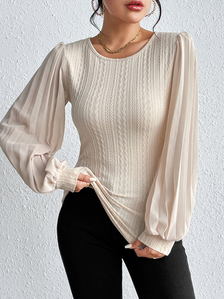 Pleated Puff Sleeve Round Neck Blouse