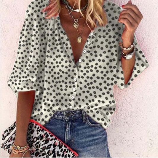 women's V-neck floral print long-sleeved plus-size ladies shirt