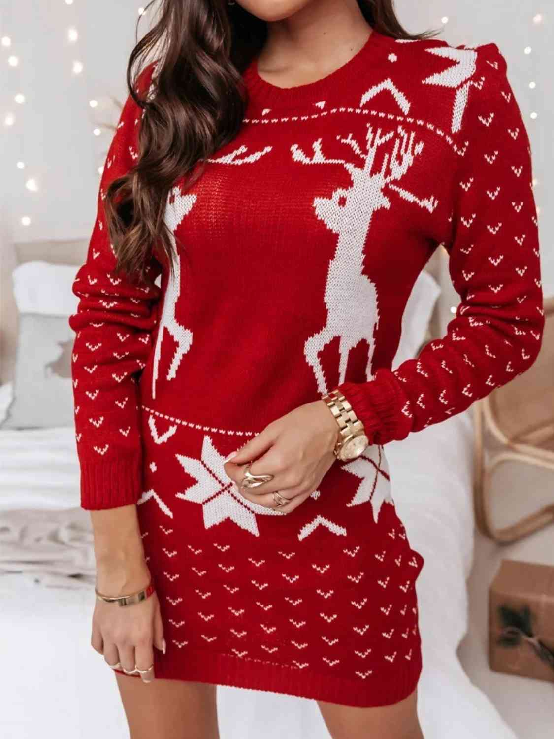 Reindeer Print Tunic Sweater Dress