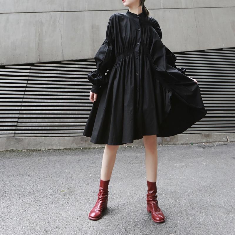 Hotaru Long Sleeve Pleated Shirt Dress - Black