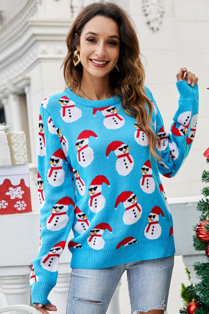 Christmas Snowman Ribbed Trim Round Neck Sweater